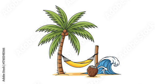 Cartoon Palm Tree with Hammock and Ocean Wave Illustration.