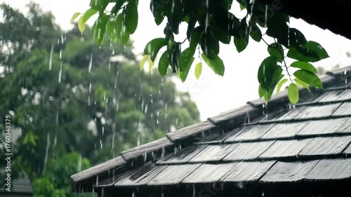 Heavy rain falling on a traditional tiled roof with lush green trees in the background creating a serene and natural atmosphere during a summer downpour.