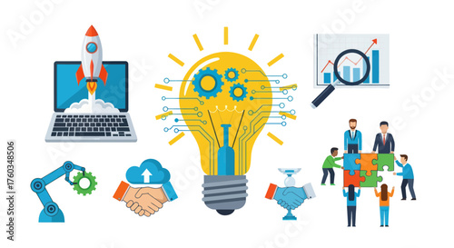 Creative Business Innovation Technology and Teamwork Development Icons.