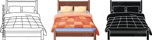 Three modern bed frame illustrations in line art, wood, and black designs