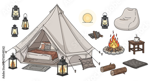 Cozy Glamping Tent with Campfire and Lanterns Set.