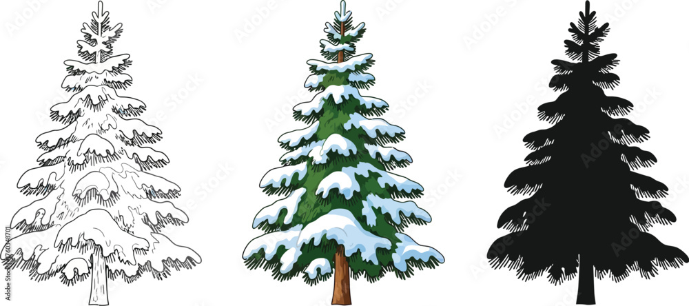 Fototapeta premium Three snow-covered pine tree illustrations in different styles