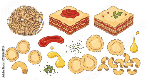 Assortment of Italian Pasta Dishes and Ingredients.