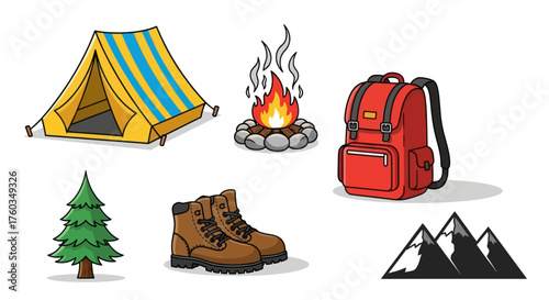 Vibrant Camping and Hiking Gear Collection Illustration.
