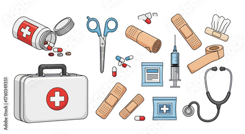 Assorted Medical Supplies and First Aid Kit Illustration.