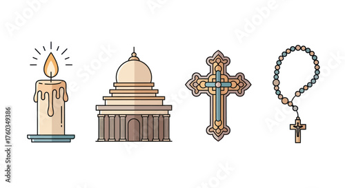 Religious Symbols: Candle Dome Building Cross and Rosary Beads.