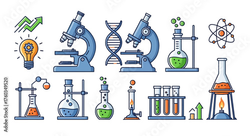 Science and Laboratory Equipment: Microscopes Flasks Test Tubes and Atom Model.