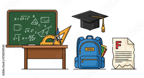 Cartoon Illustration of School Supplies and Academic Symbols.