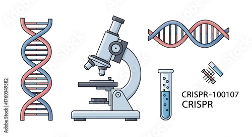 Scientific illustration of DNA microscope and CRISPR technology.