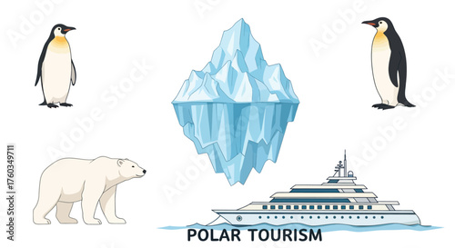 Polar animals and ice formations with a cruise ship illustrating polar tourism.