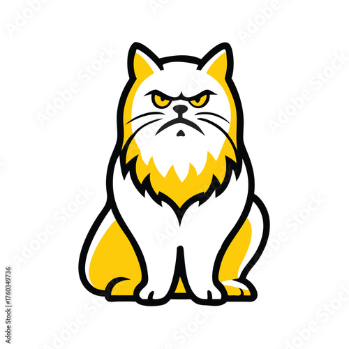Stylized angry white cat with yellow accents and black outlines sitting feline animal