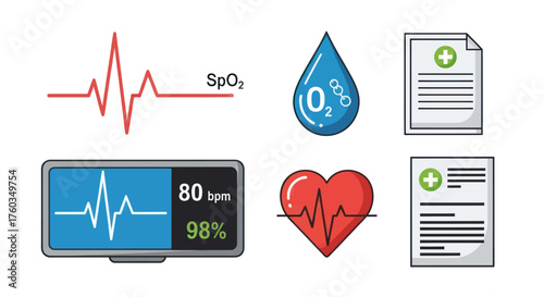 Medical Health Monitoring Icons Set: Vital Signs Heartbeat SpO2 and Patient Records Illustrations.