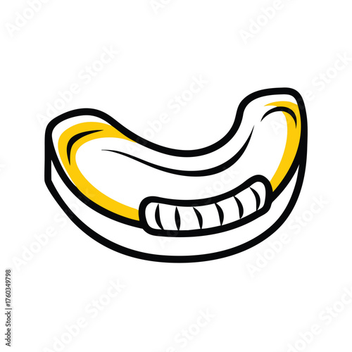 Black and yellow graphic of a mouthguard with white teeth detail sports protection