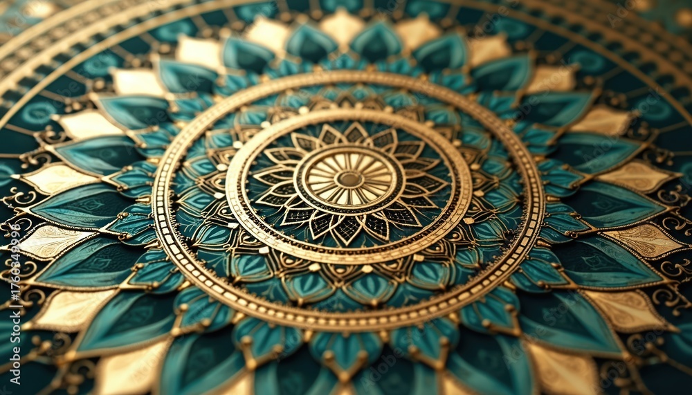 Obraz premium Intricate gold, teal mandala design, complex geometric pattern with symmetrical floral motifs, luxurious textures. Ornamental artwork features detailed linework, ornate decorative elements in opulent