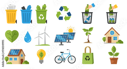 Collection of Environmental and Sustainability Icons: Recycling Renewable Energy and Eco-Friendly Living.