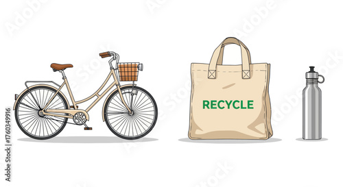 Vintage bicycle canvas tote bag with Recycle text and stainless steel water bottle.