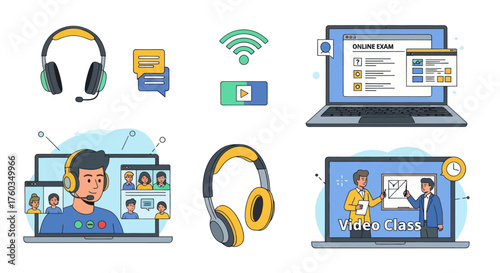 Digital Online Learning and Remote Education Tools Illustration Set.