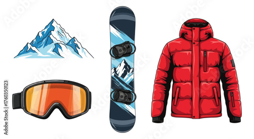 Winter Sports Gear and Snowy Mountain Illustration.