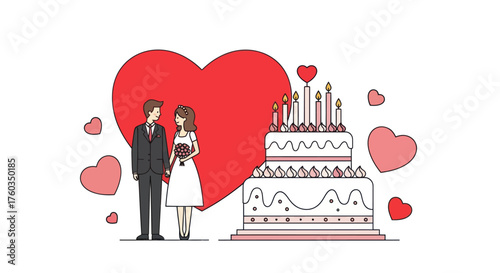 Romantic Wedding Couple with Tiered Cake and Red Hearts Illustration.