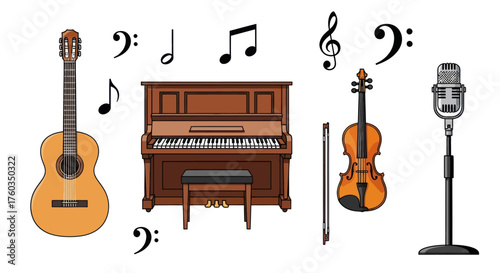 Assortment of Musical Instruments and Notation Symbols.