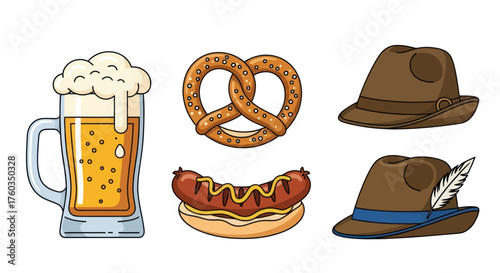 Oktoberfest Icons: Beer Pretzel Sausage and Hats.