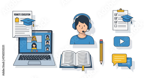 Laptop with Online Class and Related Education Elements.