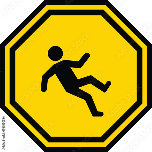 Yellow octagon warning sign with black silhouette of person slipping