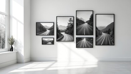 Black framed road photos hang on white wall in room interior. Monochrome art roadtrip pictures decorates modern space. Scenic car travel concept with journey highway images. Minimalist apartment