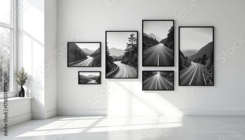 Black framed road photos hang on white wall in room interior. Monochrome art roadtrip pictures decorates modern space. Scenic car travel concept with journey highway images. Minimalist apartment