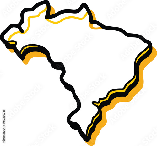 Stylized outline map of Brazil with black and yellow accents on white background Brazil map South America