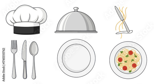 Chefs Hat Cutlery Plates Food Cloche and Steaming Dish Icons Set.