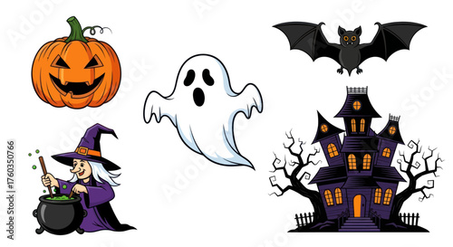 Spooky Halloween Icons: Pumpkin Ghost Witch Bat and Haunted House.