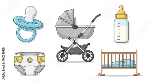 Baby Items Collection: Pacifier Stroller Bottle Diaper and Crib.