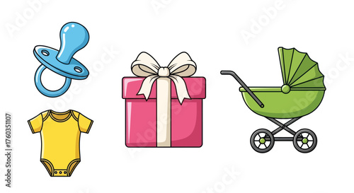 Collection of Baby Items: Pacifier Onesie Gift Box and Stroller.