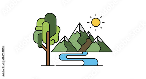 Minimalist Landscape Illustration with Tree Mountains River and Sun.