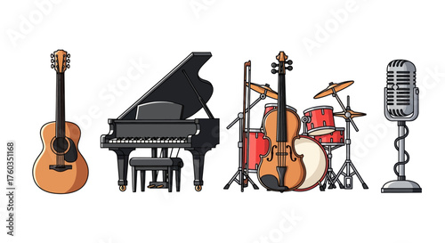 Collection of Musical Instruments: Guitar Piano Violin Drums and Microphone.