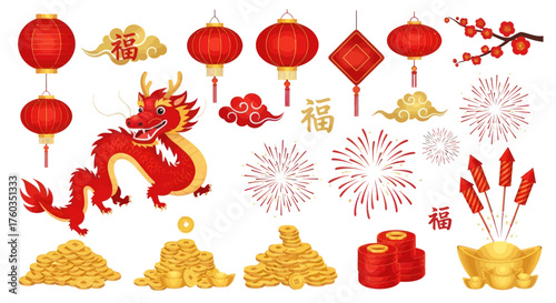 Chinese New Year Decorations: Red Dragon Lanterns Fireworks Gold Coins and Auspicious Symbols.