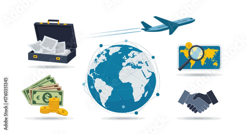Global business and travel concept with airplane globe briefcase money and handshake.