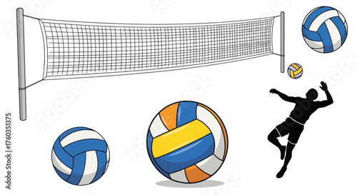 Volleyball Net and Balls with Silhouette Player Illustration.