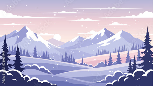 Winter landscape illustration with snow-covered mountains, trees, and a winding river under a pastel sky.