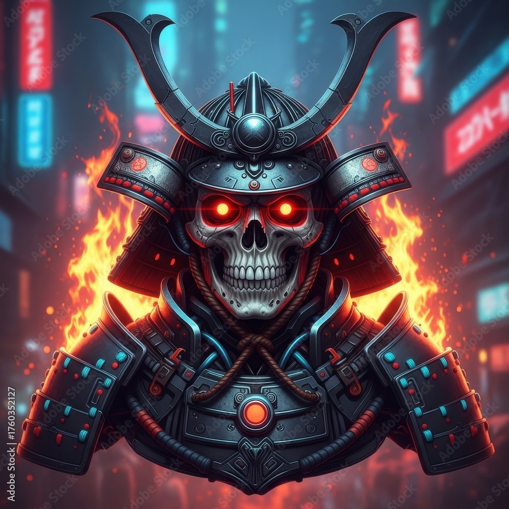 Fototapeta premium Futuristic spectral samurai warrior emerging amidst neon cityscapes in a blazing inferno