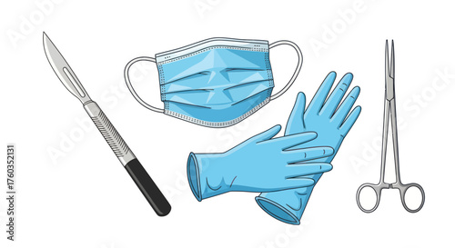 Surgical Instruments: Scalpel Mask Gloves and Forceps for Medical Procedures.