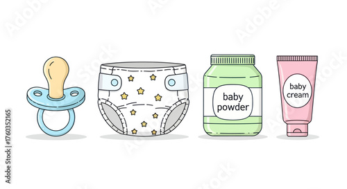 Essential baby care items including pacifier diaper powder and cream.
