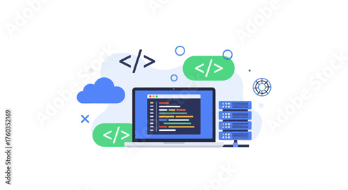 Laptop Displaying Code with Cloud Server and Code Tags.