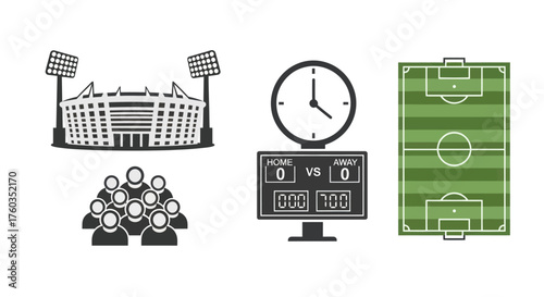 Collection of Soccer Stadium Scoreboard Crowd and Field Icons.
