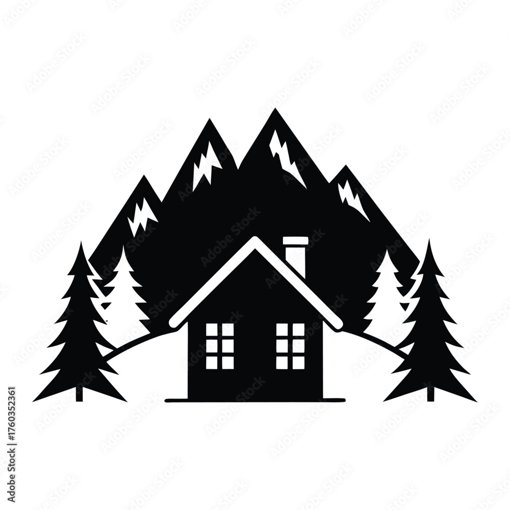Fototapeta premium Cabin in snowy mountains vector silhouette illustration