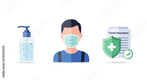 Travel Safety Essentials: Hand Sanitizer Masked Person and Travel Insurance Document.