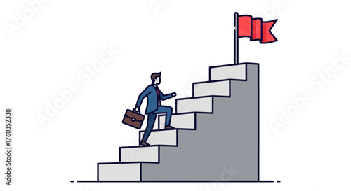 Businessman Climbing Stairs Towards Red Flag Achieving Goals.