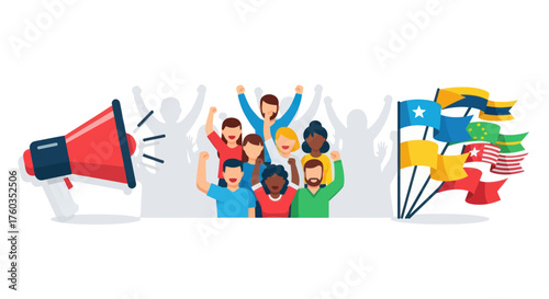 Diverse Group Protesting with Megaphone and International Flags for Unity and Social Justice.