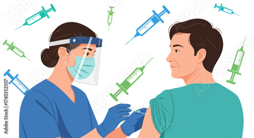 Nurse Administering Vaccine Injection to Patients Arm.